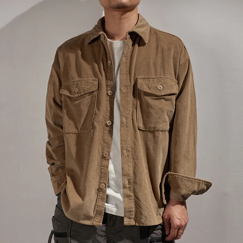 American heavy work shirt men's Vintage shirt men's cotton corduroy loose wide casual long sleeved jacket men