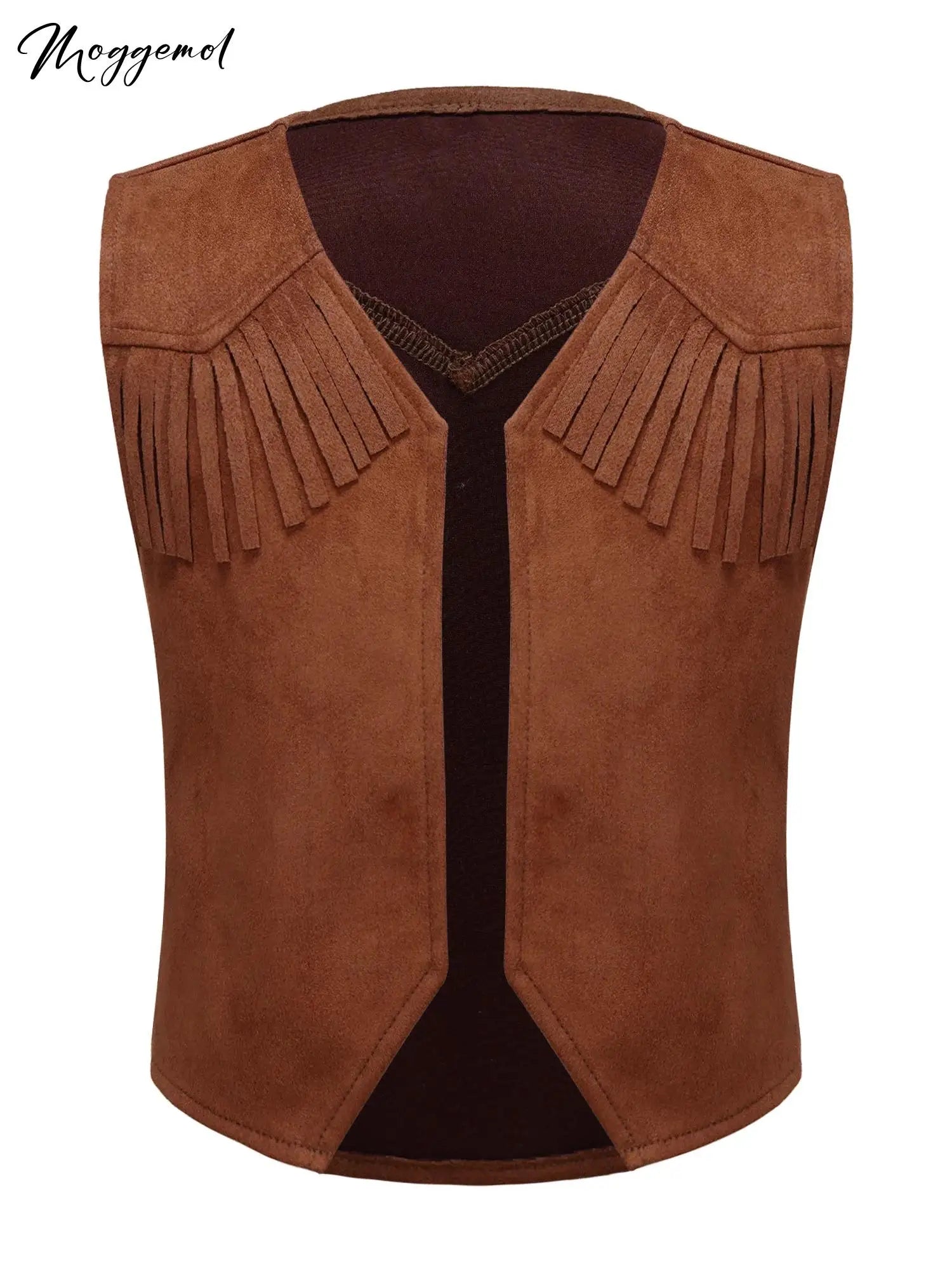 Kids Boys Western Cowboy Cowgirl Cosplay Costume Open Front Waistcoat Vest Pointed Hem Fringe Decor Tassel Jacket for Party