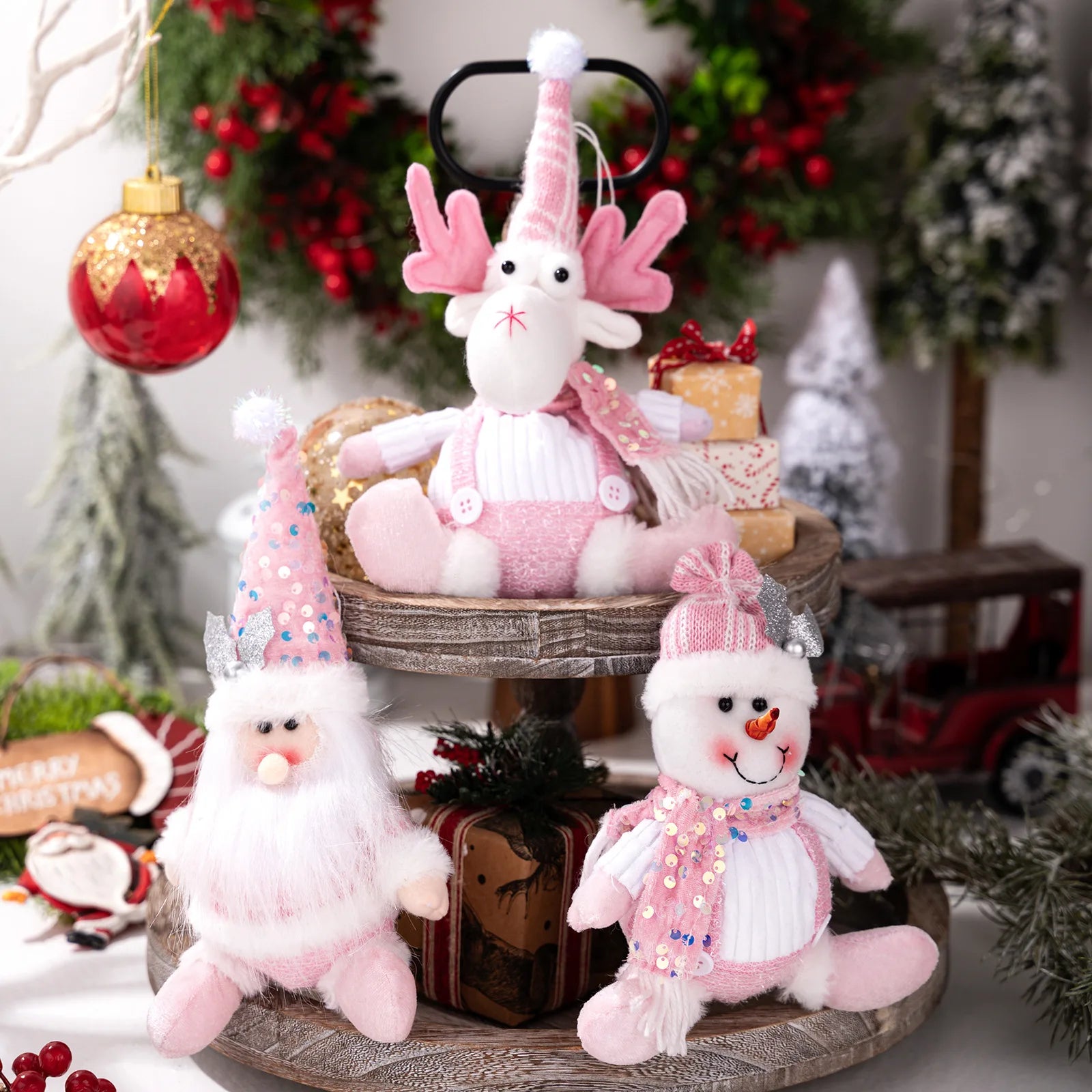 Christmas Decorations: Pink Sequined Scarf, Snowman, Pink Overalls, Reindeer, Pink Sequined Pointed Hat, Santa Claus Home Decor