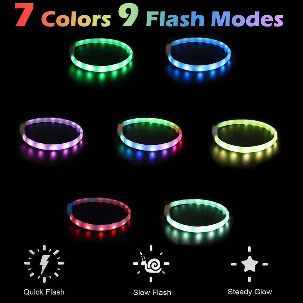 USB Rechargeable Glowing Collar for Large and Small Dogs LED Glowing Dog Collar 9 Flashing Modes Adjustable Soft Silicone Collar