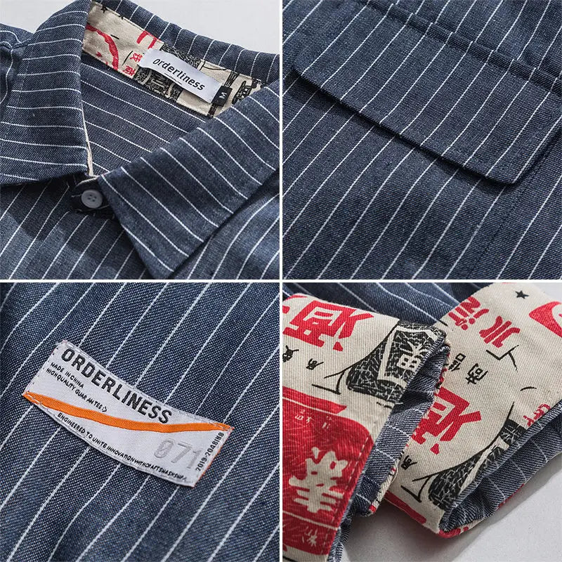 Thin Long Sleeved Striped Workwear Shirt for Men American Retro Loose Casual Shirt