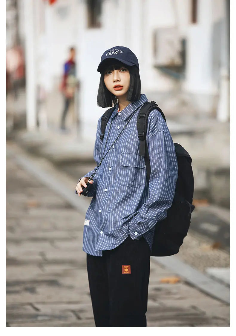 Thin Long Sleeved Striped Workwear Shirt for Men American Retro Loose Casual Shirt