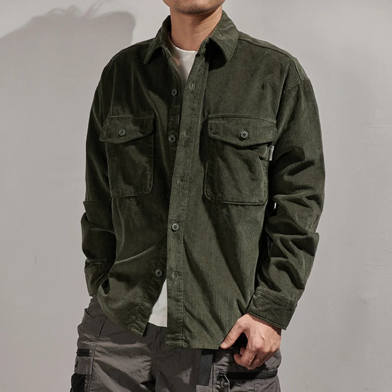American heavy work shirt men's Vintage shirt men's cotton corduroy loose wide casual long sleeved jacket men