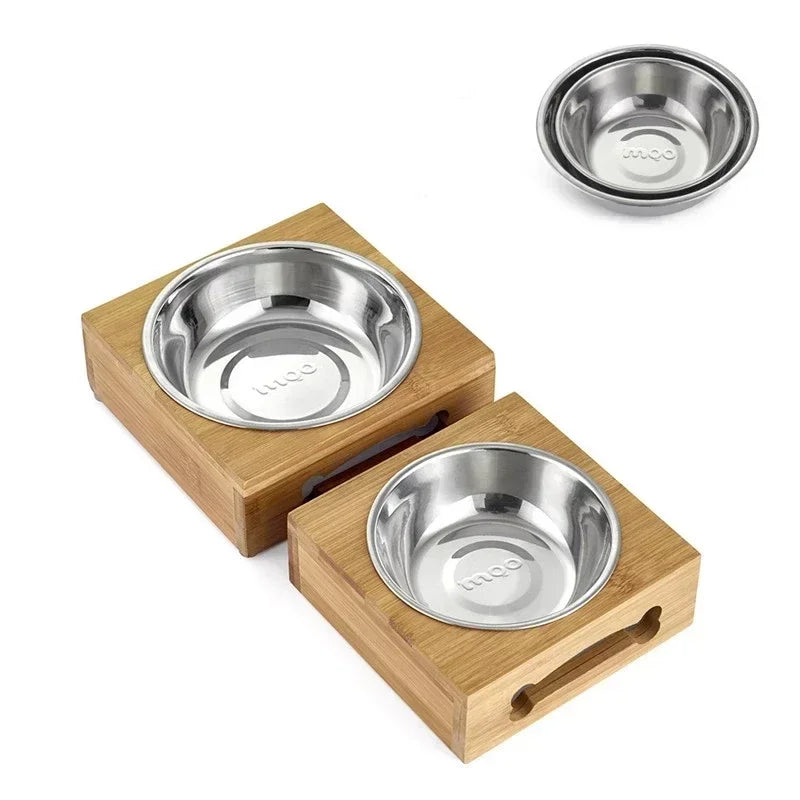 Pet Dog Cat Bowl Ceramic Bowl Bamboo Wooden Table Into A Kitten Skid Resistant Double Bowl Small Dog Food Bowl