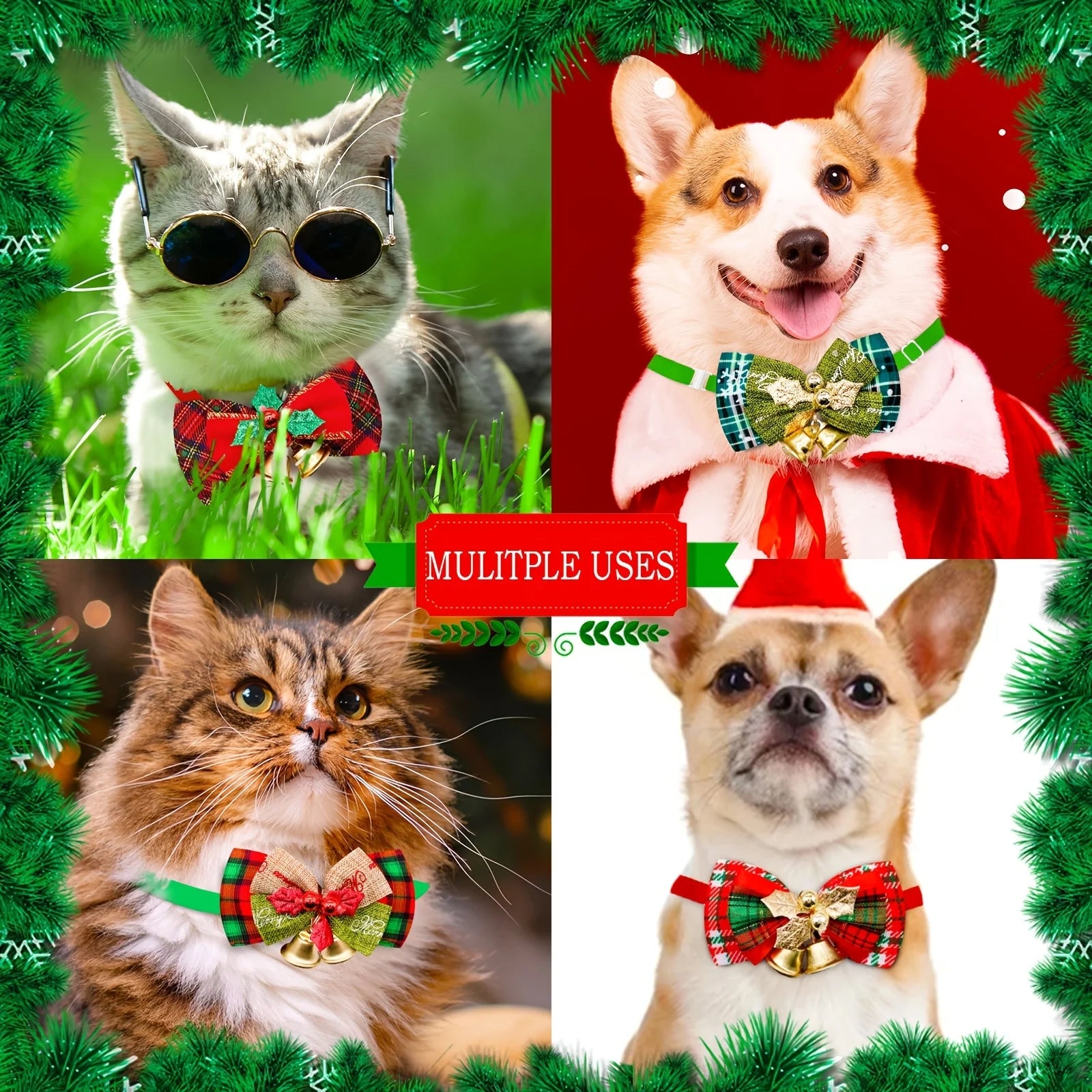 New Christmas Pet Collar with Bell - Festive Red & Plaid Bow Tie, Durable Fabric Pet Collar for Cats & Dogs