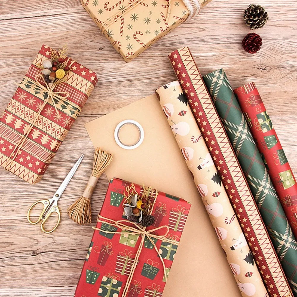 Happy New Year Roll Christmas Packaging Paper 2025 Santa Claus DIY Craft Paper Christmas Tree Navidad Gift Wrapping Paper
