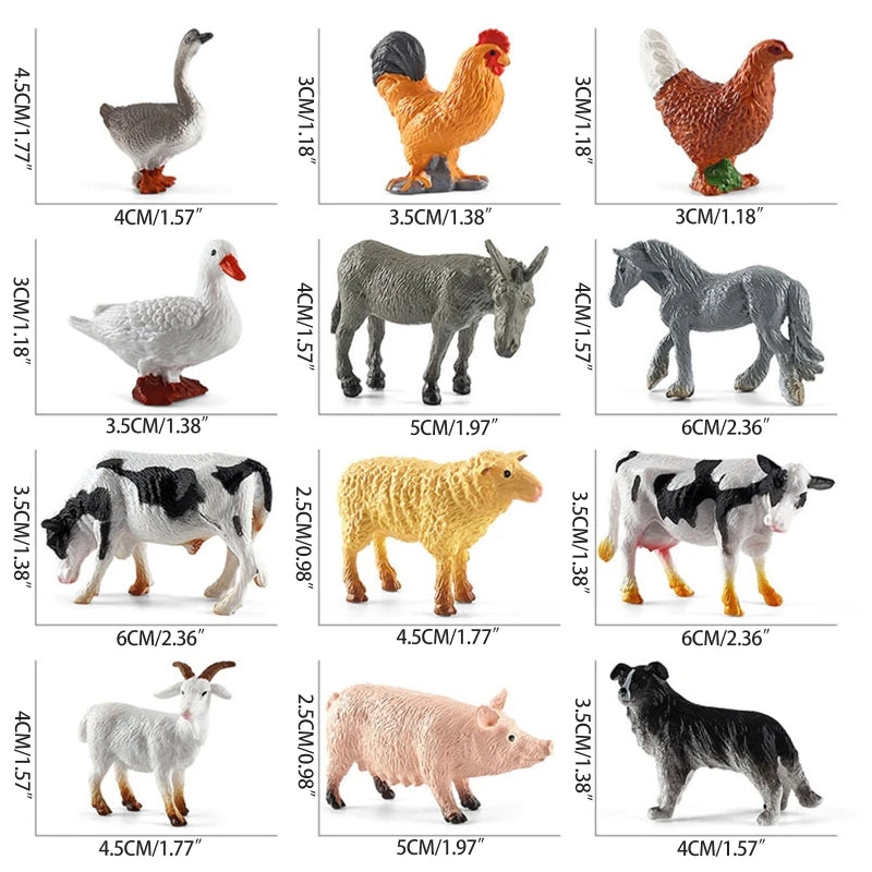12pcs Mini Farm Animal Figurines Cartoon Realstic Animal Statue Toys Pvc Farm Barn Animals Playset for Cake Decoration