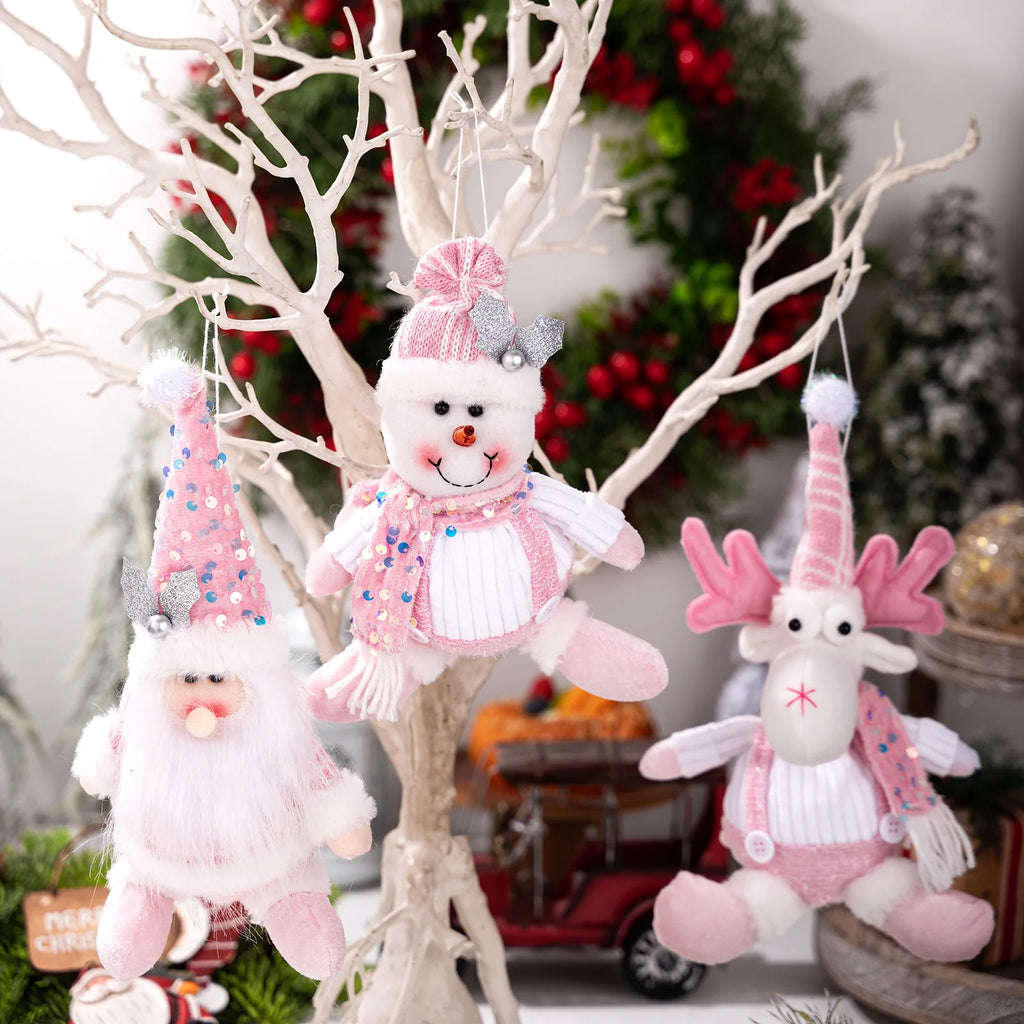 Christmas Decorations: Pink Sequined Scarf, Snowman, Pink Overalls, Reindeer, Pink Sequined Pointed Hat, Santa Claus Home Decor