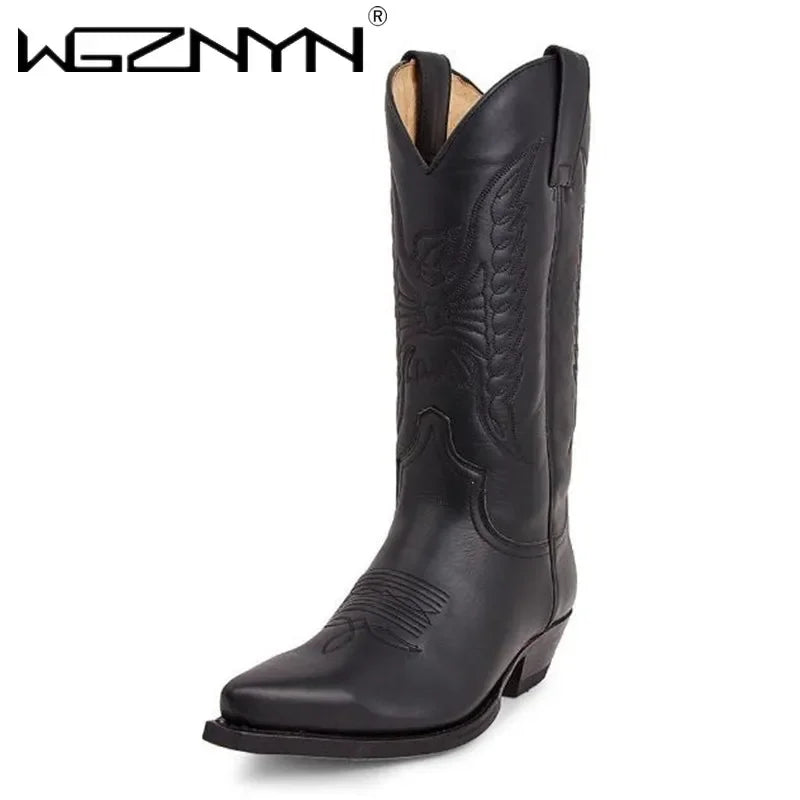Cowboy Mid-calf Boots Men Woman Punk Goth Pointed Western Boot Retro Fashion Black Plus Size 35-48 Women Shoes Zapatos Hombre