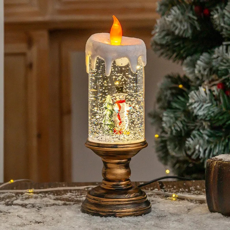 Christmas decorations: candles, crystal lights, cartoon snowflakes, birthday and Christmas gifts, scene setups