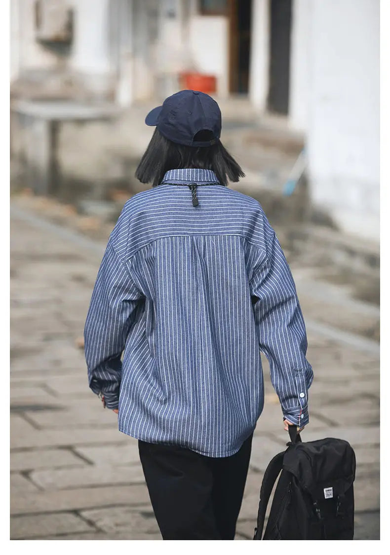 Thin Long Sleeved Striped Workwear Shirt for Men American Retro Loose Casual Shirt