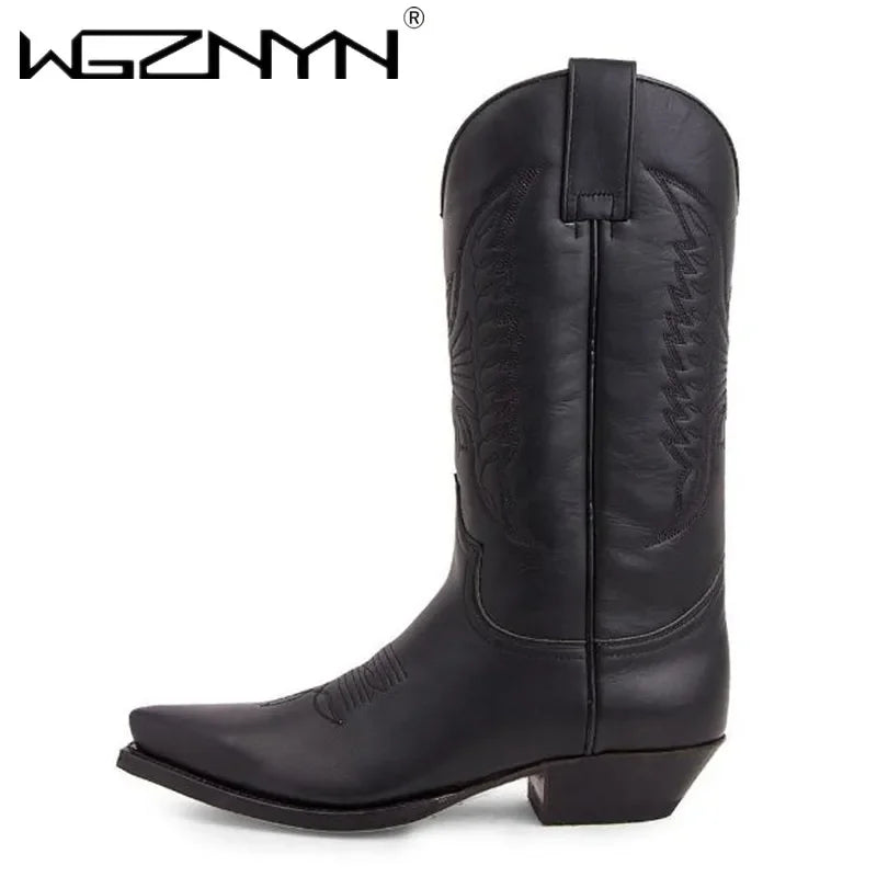 Cowboy Mid-calf Boots Men Woman Punk Goth Pointed Western Boot Retro Fashion Black Plus Size 35-48 Women Shoes Zapatos Hombre