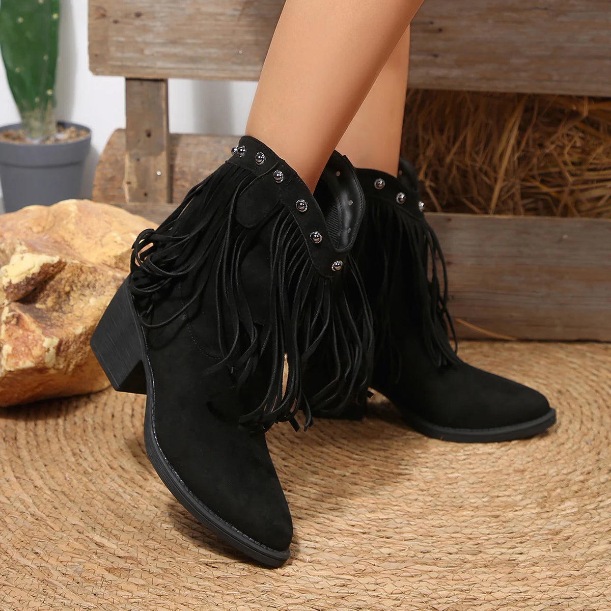 Women Cowboy Boots Tassel Chunky Heels Pointed Toe Shoes for Women 2025 Fashion Outdoor Ankle Boots Slip-on Western Boots Female