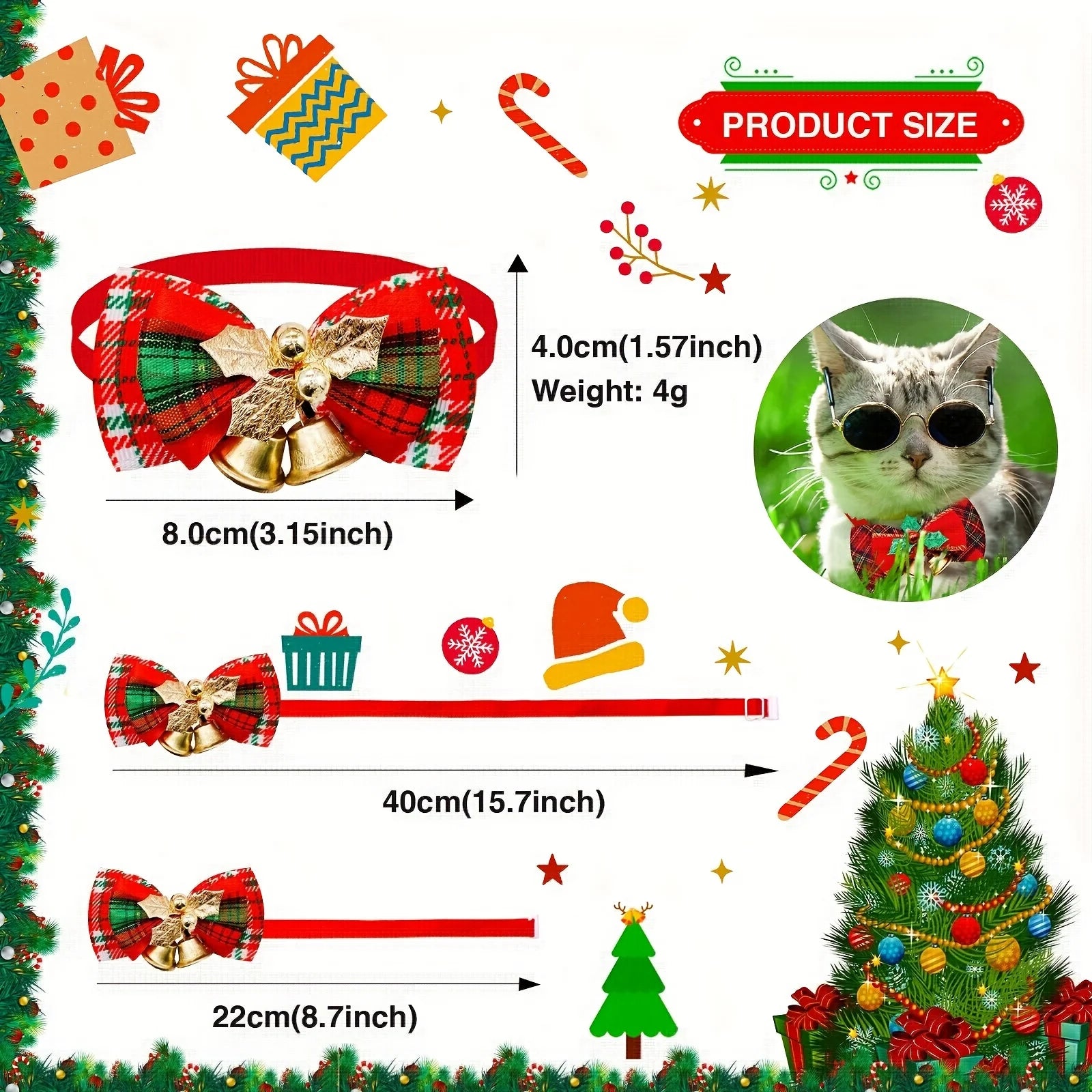 New Christmas Pet Collar with Bell - Festive Red & Plaid Bow Tie, Durable Fabric Pet Collar for Cats & Dogs