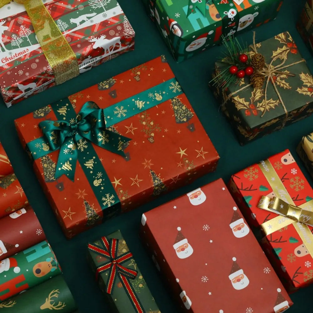 Happy New Year Roll Christmas Packaging Paper 2025 Santa Claus DIY Craft Paper Christmas Tree Navidad Gift Wrapping Paper