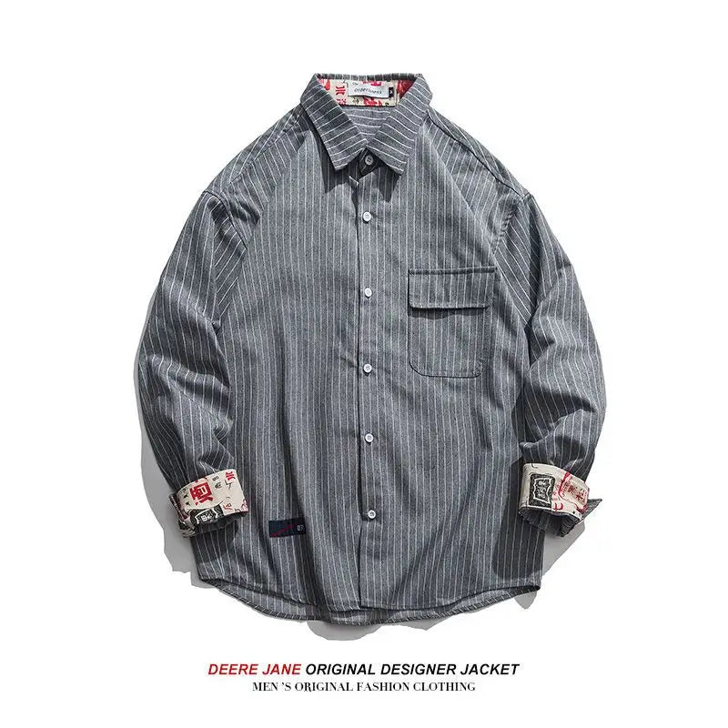 Thin Long Sleeved Striped Workwear Shirt for Men American Retro Loose Casual Shirt