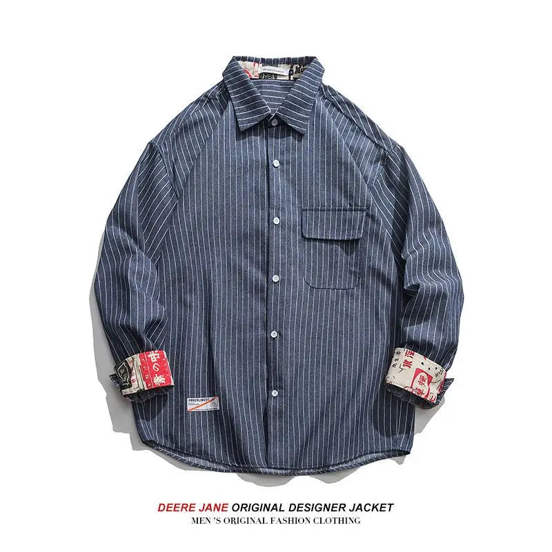 Thin Long Sleeved Striped Workwear Shirt for Men American Retro Loose Casual Shirt