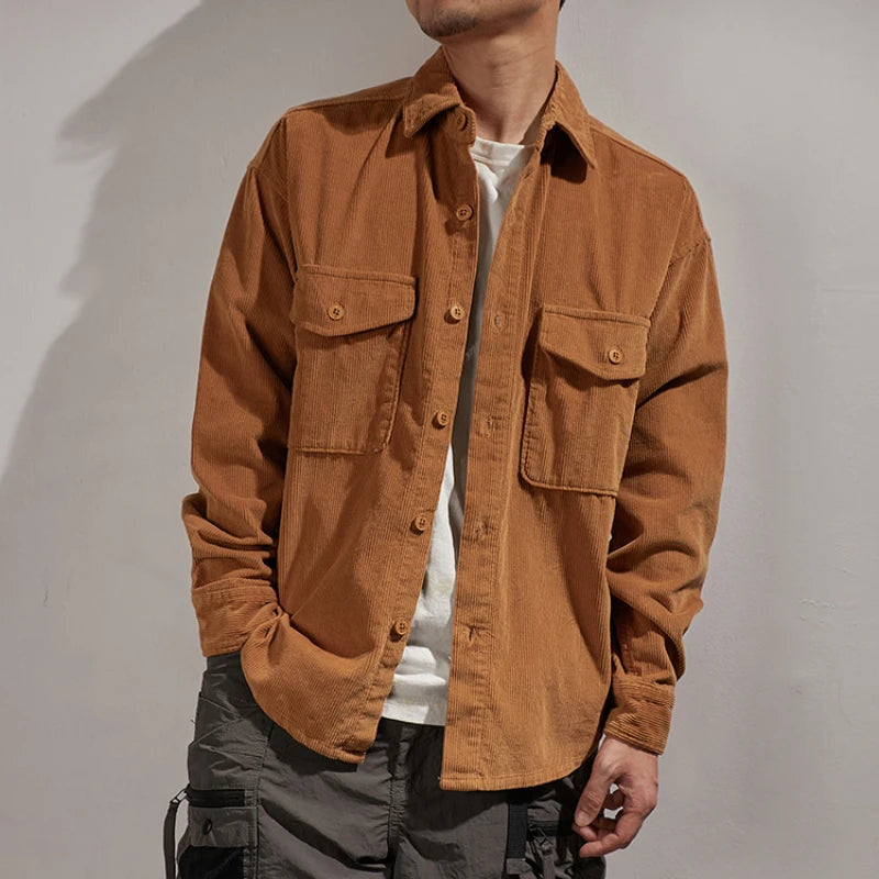 American heavy work shirt men's Vintage shirt men's cotton corduroy loose wide casual long sleeved jacket men